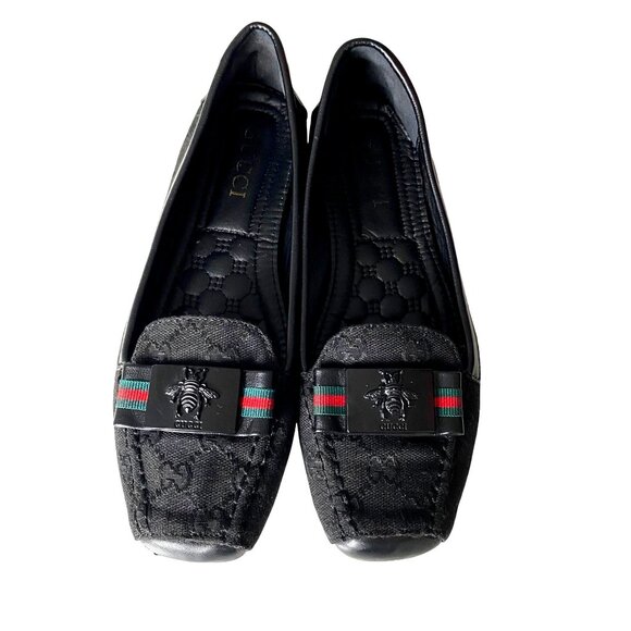 Gucci Black Canvas Leather Loafers Bow with Bees Women's Sz 39 Designer Luxury - Picture 1 of 13